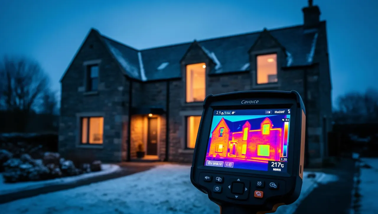Thermal imaging of a house showing heat loss